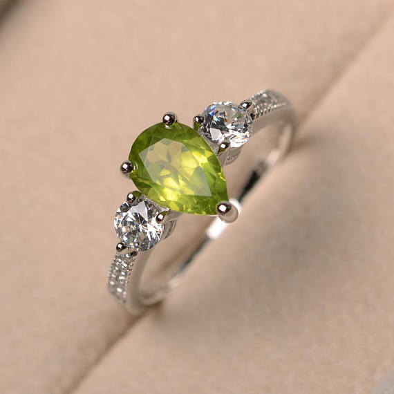Pear Cut Gemstone, Natural Green Peridot Ring, Anniversary Ring, Gemstone Ring, Sterling Silver Ring, August Birthstone Ring