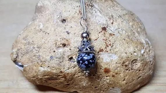 Snowflake Obsidian Cone Necklace. Reiki Jewelry Uk. Virgo Jewelry. 10mm Stone. Bali Silver Beads Pendant.