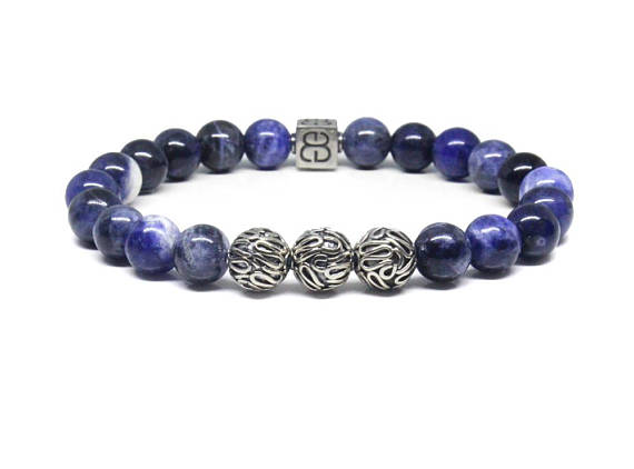 Matte Sodalite Bracelet, Men's Sodalite Bracelet, Sodalite And Sterling Silver Bali Beads Bracelet, Sodalite Bracelet, Men's Blue Bracelet