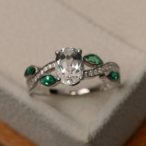 Natural White Topaz Ring, White Gemstone Ring, Sterling Silver, Leaf Ring, Multistone Ring, Engagement Ring