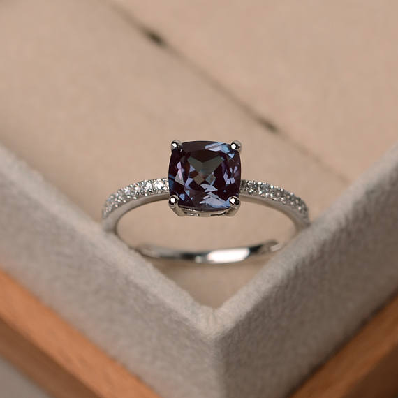Solid Silver Ring,alexandrite Anniversary Ring, Cushion Cut, Color Changing,june Birthstone