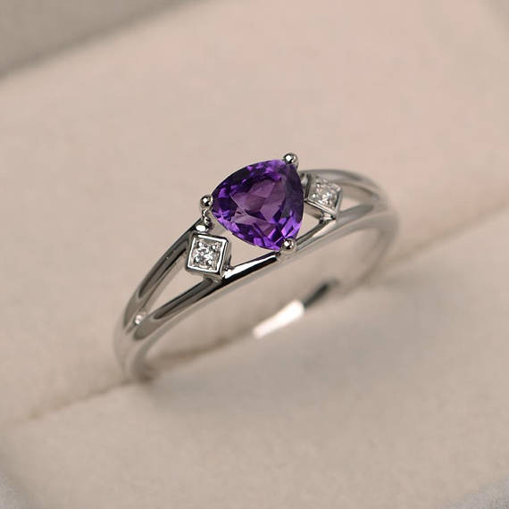 Engagement Ring, Natural Amethyst Ring, February Birthstone, Trillion Cut Purple Gemstone, Sterling Silver Ring