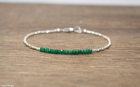 Emerald Bracelet, Hill Tribe Beads, Emerald Jewelry, Pure Silver, May Birthstone. Gemstone Bracelet