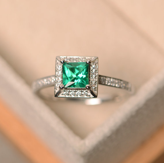 Emerald Ring, Princess Cut Emerald, Emerald Engagement Ring