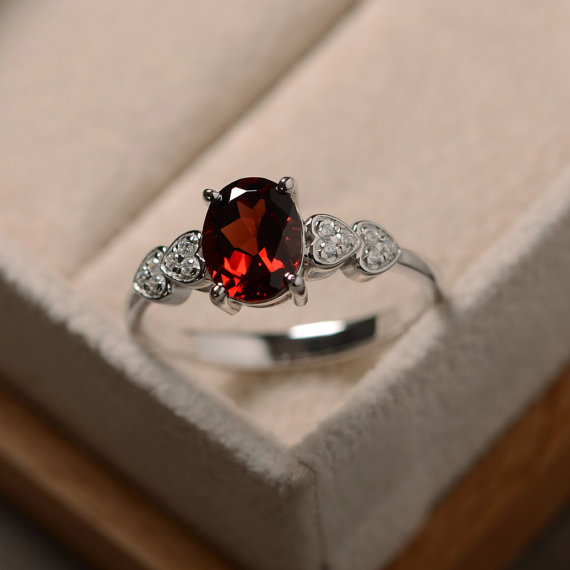 Red Garnet Ring, Oval Cut, January Birthstone, Sterling Silver, Promise Ring