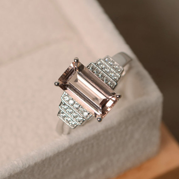 Custom Morganite Engagement Ring,sterling Silver,emerald Cut Pink Stone Art Deco Ring
