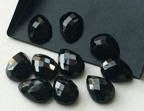 14x10mm Black Onyx Faceted Pear Cabochon, Black Onyx Rosecut Gemstones, Black Onyx Pear Flat Cabochons For Jewelry (5pcs To 20pcs Options)