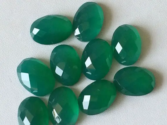 10x14mm Green Onyx Rose Cut Oval Cabochons, 5 Pcs Green Onyx Faceted Oval Cabochons, Green Onyx Oval Gems For Jewelry - Bgpc530