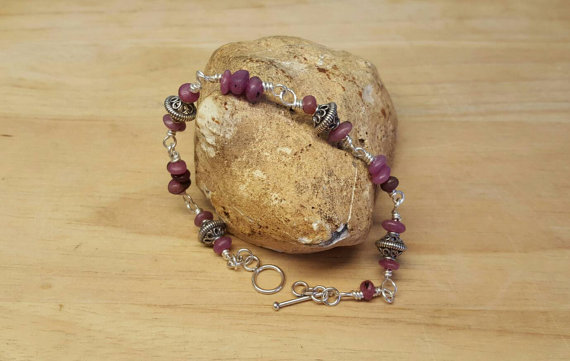 Ruby Bracelet. Bali Silver Beads. Reiki Jewelry Uk. 40th Anniversary Gemstone. Wire Wrapped Bracelet