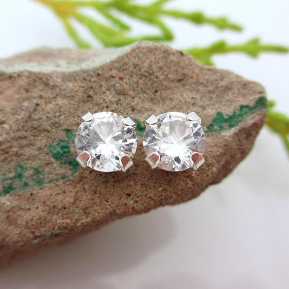 White Sapphire Earrings: Solid 14k Gold, Platinum Or Sterling Silver Studs | Wedding Earrings | Lab Created Gems | Made In Oregon