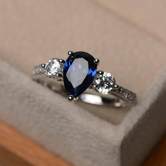 Blue Gemstone Ring, Lab Blue Sapphire Ring, Wedding Ring, Pear Cut Ring, Sterling Silver Ring, September Birthstone Ring