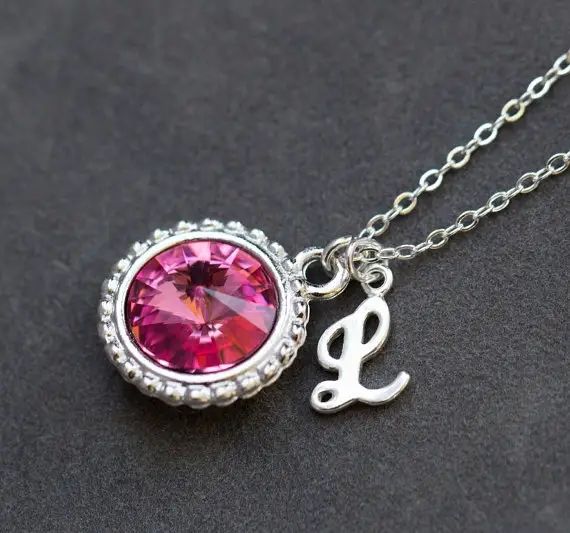 Pink Tourmaline Necklace, October Birthstone Jewelry, Rose Pink Crystal, Custom Birthstone Initial Necklace