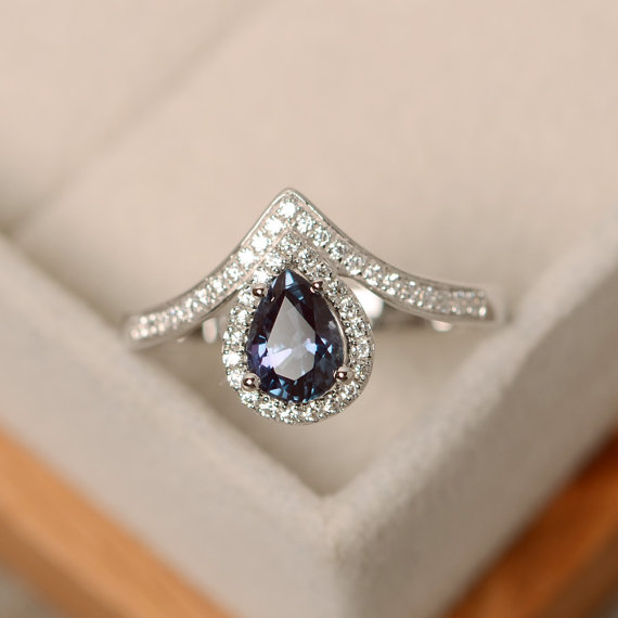 Alexandrite Ring, Pear Cut, Silver, Engagement Ring