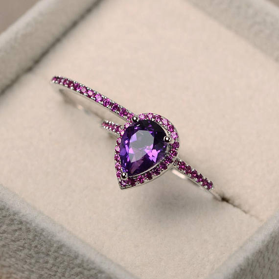 Natural Amethyst Ring, Pear Cut Engagement Ring, February Birthstone, Purple Gemstone, Sterling Silver, Bridal Sets