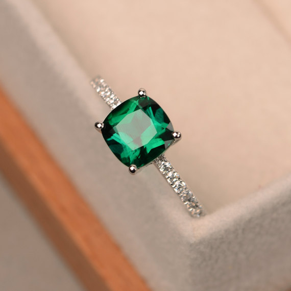 Emerald Ring, Engagement Ring, Green Gemstone Ring, Cushion Cut Emerald, Sterling Silver