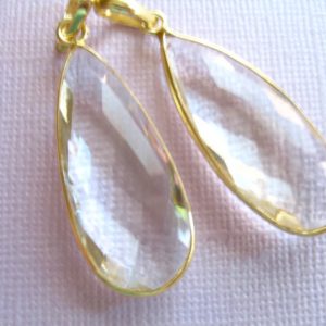 Crystal Gemstone Pendant Charm, Bezel Gem Pendant, 24k Plated Sterling Silver, 41×16 mm, Crystal Quartz Teardrop gcp5 wf | Natural genuine other-shape Gemstone beads for beading and jewelry making.  #jewelry #beads #beadedjewelry #diyjewelry #jewelrymaking #beadstore #beading #affiliate #ad