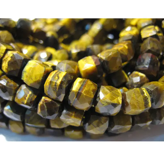 7mm Tiger's Eye Cube Beads, Natural Tiger's Eye Faceted Box Beads, Tiger's Eye For Necklace, Tiger's Eye Box Beads (4in To 8in Options)