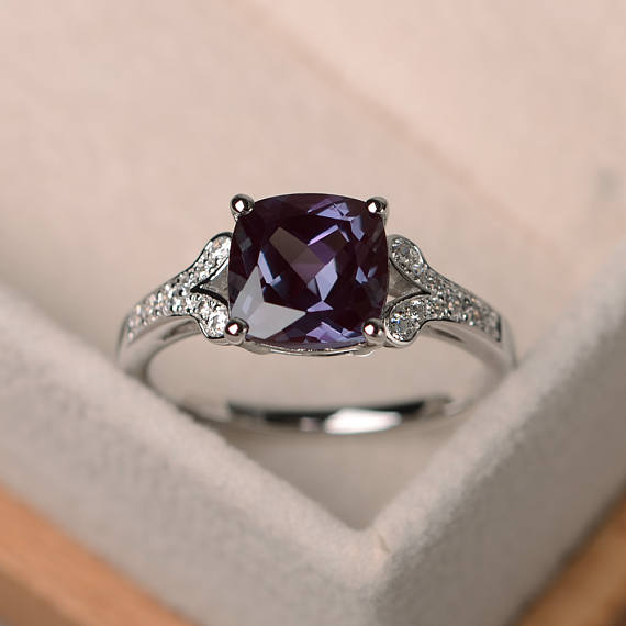 Alexandrite Statement Ring, 14k White Gold, Cushion Cut, June Birthtsone, Color Changing Ring