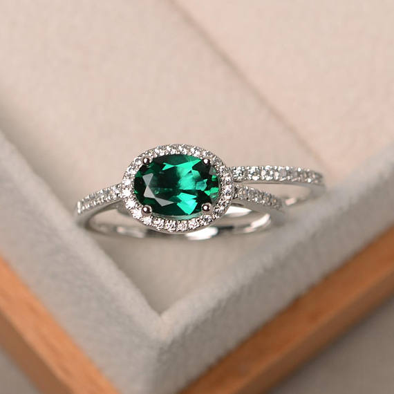 Emerald Ring, Engagement Ring, May Birthstone Ring, Oval Cut Green Gemstone, Sterling Silver Ring