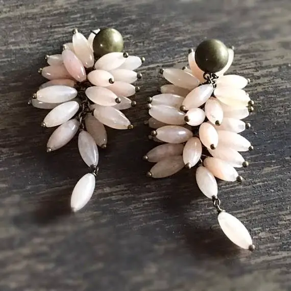 Pink Earrings - Jade Gemstone Jewelry - Brass Jewellery - Beaded - Dangle - Fashion