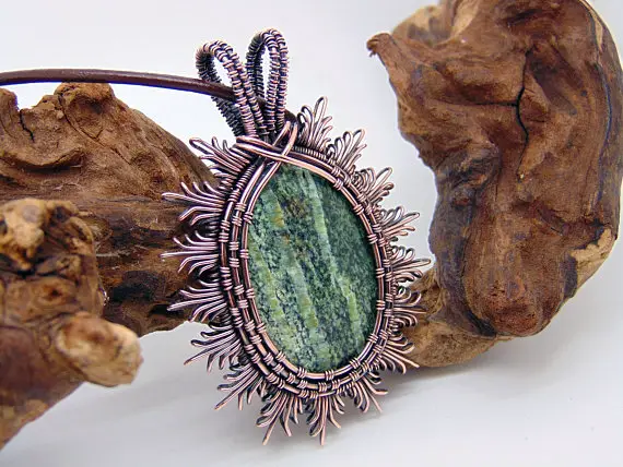 Zebra Jasper Pendant - Wire Wrapped Jewellery - Green Stone - Filigree Jewellery - Sunburst Necklace - Copper Anniversary - Filigree Pendant