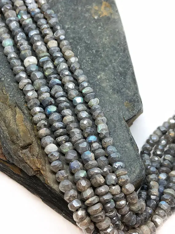 Silvered Labradorite Rondelle Handmade Faceted Rondelle Beads 3-4 Mm Approx Approx Flashy Labradorite Beads Labradorite Choose Quantity