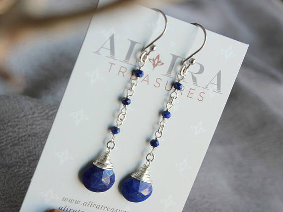 Lapis Lazuli Sterling Silver Earrings Wire Wrapped Natural Blue Gemstone Modern Artisan Long Dangle Drops December Birthstone Gift 4583