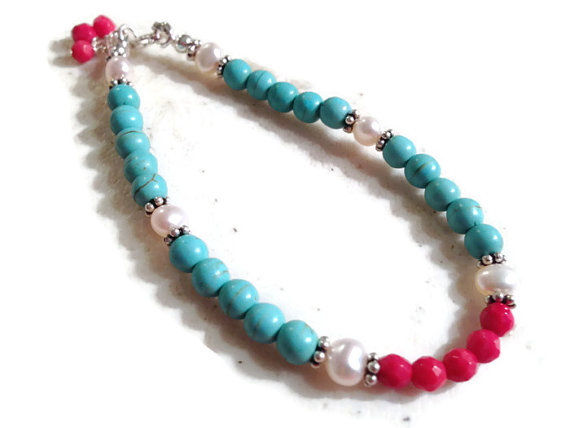 Turquoise Bracelet - Red White Jewelry - Sterling Silver Jewellery - Pearl & Coral Gemstone - Beaded - Dainty - Layer