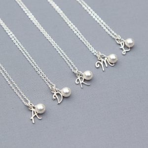 Shop Pearl Necklaces! Sterling Silver Bridesmaid Necklace Set of 5, Personalized Bridesmaid Jewelry, Gift Initial Pearl Necklaces | Natural genuine Pearl necklaces. Buy crystal jewelry, handmade handcrafted artisan jewelry for women.  Unique handmade gift ideas. #jewelry #beadednecklaces #beadedjewelry #gift #shopping #handmadejewelry #fashion #style #product #necklaces #affiliate #ad