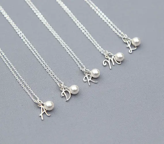Sterling Silver Bridesmaid Necklace Set Of 5, Personalized Bridesmaid Jewelry, Gift Initial Pearl Necklaces