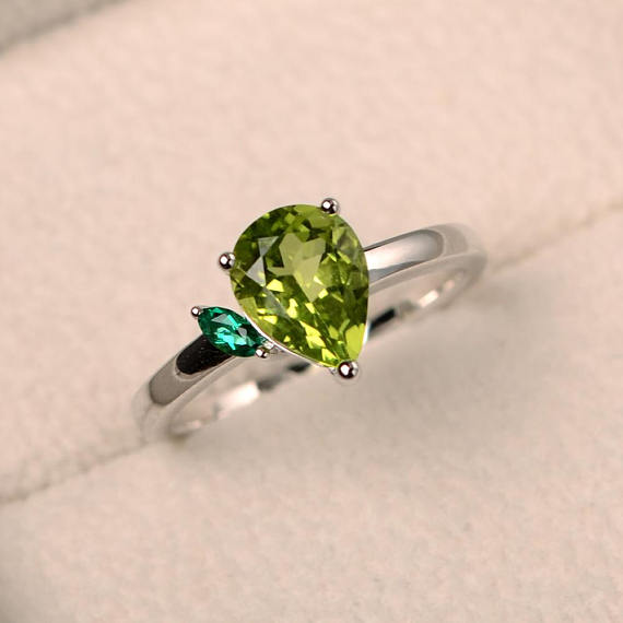 Natural Peridot Ring, Engagement Ring, Pear Cut Gemstone, August Birthstone, Green Gemstone, Sterling Silver Ring
