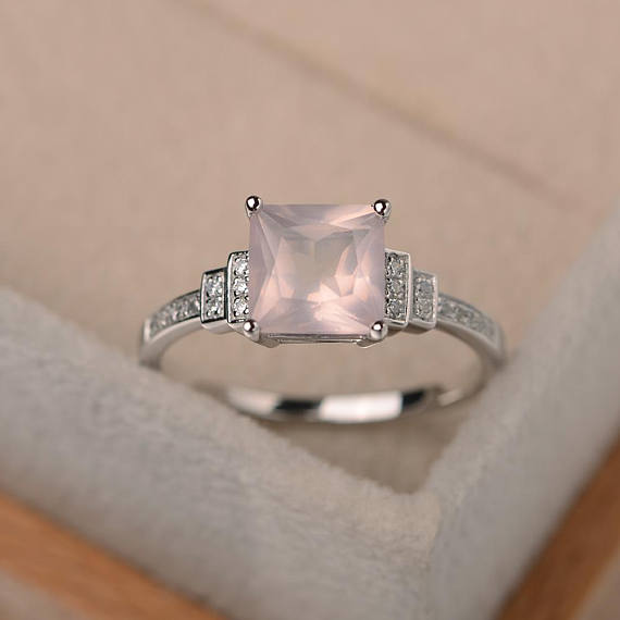 Wedding Ring,natural Pink Quartz Ring, Princess Cut Quartz, Sterling Silver, Pink Gemstone, Bridal Ring