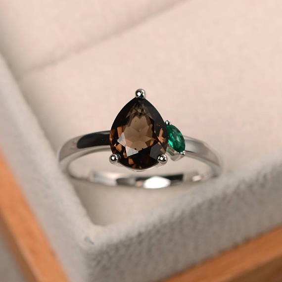 Natural Smoky Quartz Ring, Promise Ring, Pear Cut Gemstone, Brown Gemstone, Sterling Silver Ring