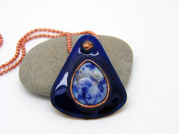 Sodalite Pendant - Enamel Jewellery - Copper Anniversary Gift - Gemstone Necklace - Blue Stone Pendant - Copper Necklace
