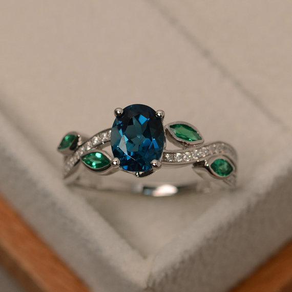 London Blue Topaz Ring, Multistone Ring, Leaf Ring, Blue Topaz Ring Silver, Oval Cut Gemstone Rings