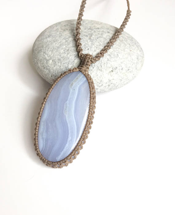 Blue Lace Agate Necklace, Blue Lace Macrame Necklace, Natural Blue Stripes Stone, Blue & White Stone Necklace, Oval Blue Lace, From Israel