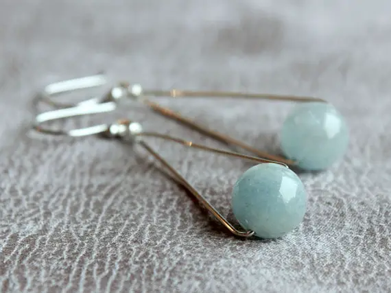 Natural Aquamarine Sterling Silver Earrings Wire Wrapped Blue Gemstone Modern Dangle Drops March Birthstone Holiday Gift For Her Women 4605
