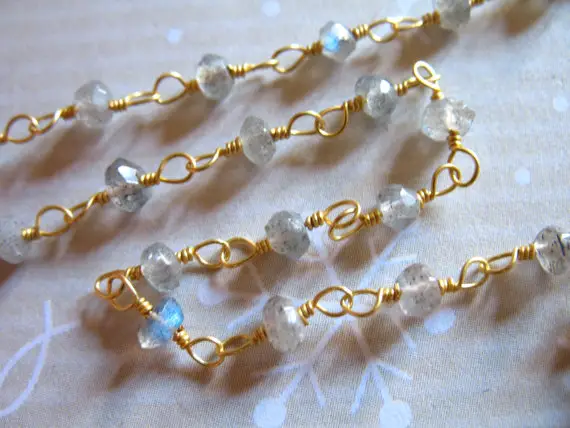 Prayer Chain, Rosary Chain, Labradorite Gemstone Chain, By The Foot, Wire Wrap Rondelles, Gold Or Silver Plated, Rc.2