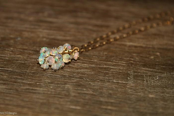 Genuine Fire Ethiopian Opal Necklace, Ethiopian Opal Jewelry, Welo Opal, Dangle Cluster Necklace, October Birthstone,sterling Silver Or Gold