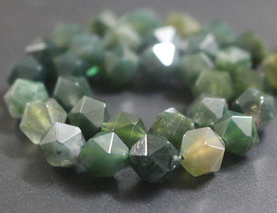 Moss Agate Faceted Nugget Beads,6mm/8mm/10mm/12mm Faceted Moss Agate Star Cut Nugget Beads,15 Inches One Starand