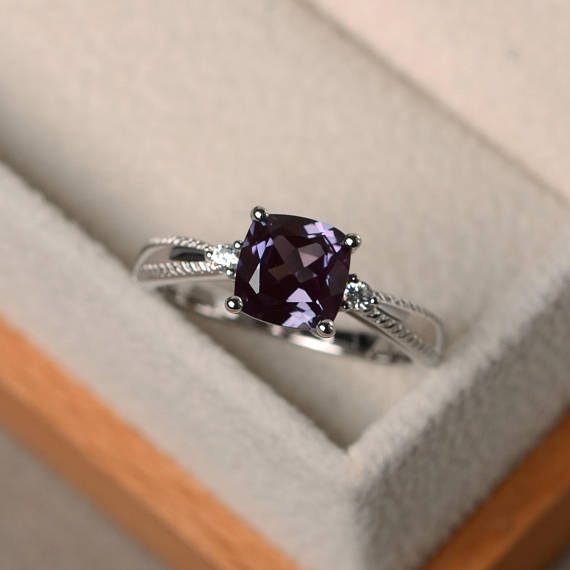 Alexandrite Ring, Promise Ring, Cushion Cut Gemstone, June Birthstone, Silver Ring, Vintage Rings