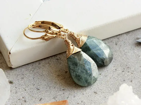 Moss Aquamarine Gold Filled Earrings Wire Wrapped Genuine Natural Blue Grey Gemstone Minimalist Dangle Drops March Birthstone Gift 4732