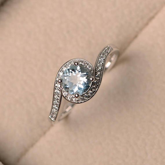 March Birthstone Ring, Natural Aquamarine Ring, Wedding Ring, Sterling Silver Ring, Blue Gemstone Ring,round Cut Gemstone