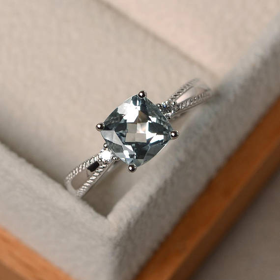Natural Blue Aquamarine Ring, Anniversary Rings, Cushion Cut Gemstone, March Birthstone, Sterling Silver Ring