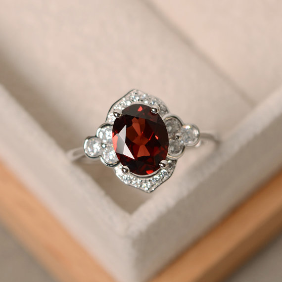 Oval Garnet Ring, Engagement Ring,sterling Silver, January Birthstone Ring