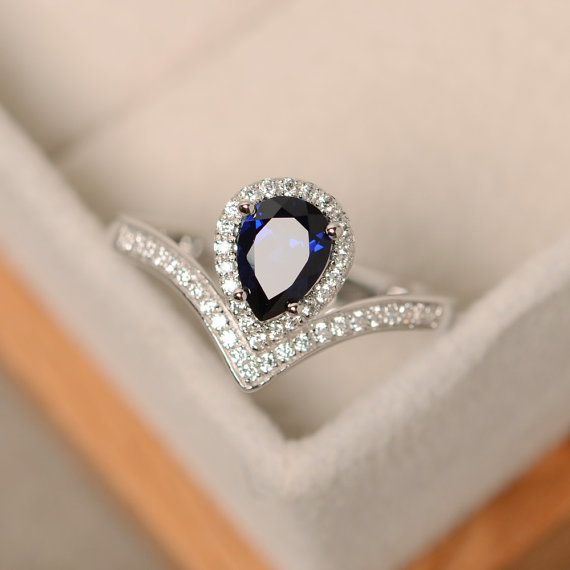Sapphire Ring, Pear Cut, Sterling Silver, Engagement Ring