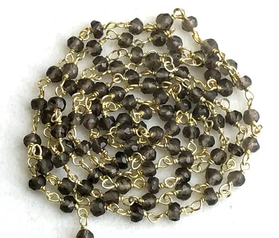 3-3.5mm Smoky Quartz Wire Wrapped Faceted Rondelle Beads, Chain By The Foot, Rosary Style Beaded Chain, 18kt Gold Polish - Ks3538