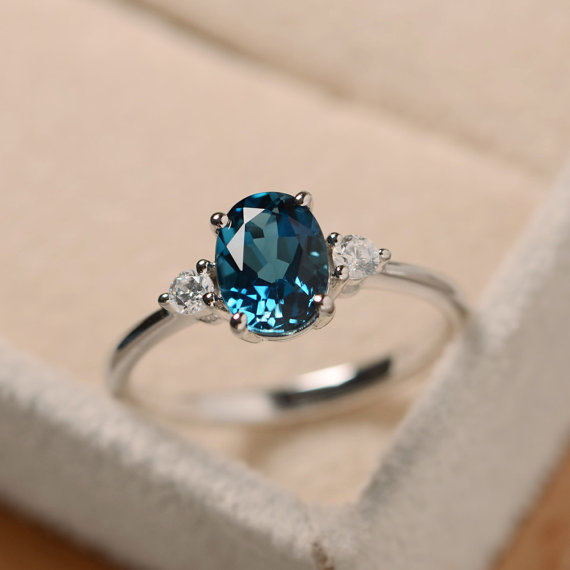 Real London Blue Topaz Ring, Oval Gemstone, Sterling Silver, Three Stones Promise Ring,november Birthstone