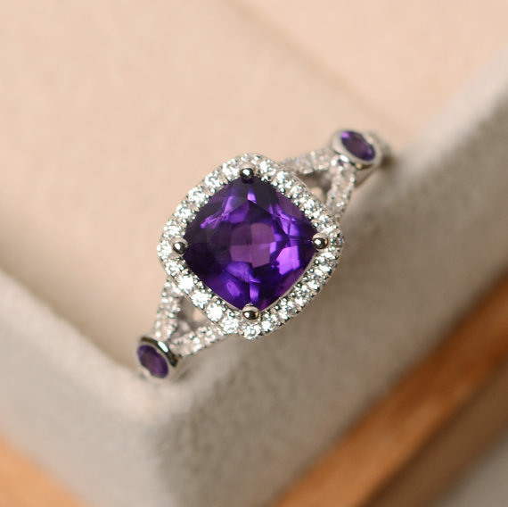 Engagement Ring, Amethyst Ring, Purple Crystal Ring, Gemstone Ring Amethyst, Sterling Silver, Cushion Cur Amethyst Ring
