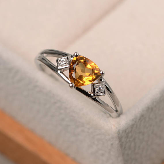 Wedding Ring, Natural Citrine Ring, Trillion Cut Yellow Gemstone, Sterling Silver Ring, November Birthstone Ring